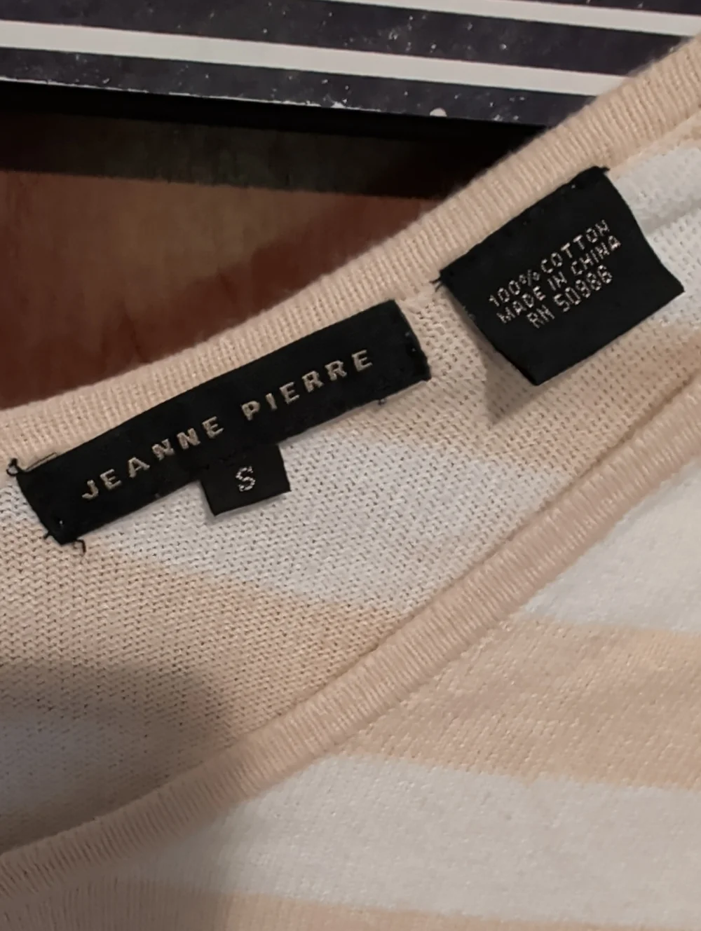 JEANNE PIERRE Cotton Cream and White Striped V-Neck Sweater